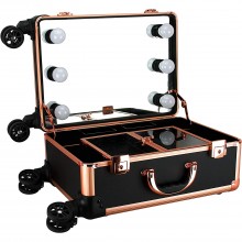 Beauty Tools Metallica  Studio Rolling Vanity estuche de maquillaje en oro rosa adornamiento/patrón de punto negro con luces LED, porta-escobillas, bandejas y bloqueos